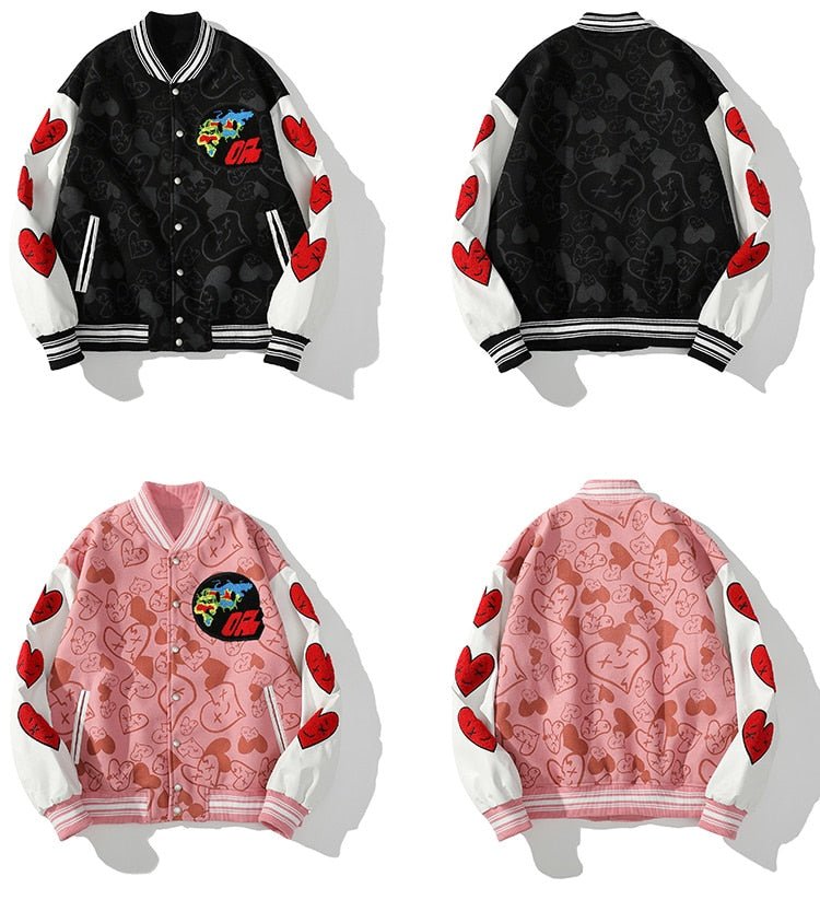 Bomber Jackets Men Furry Heart-shaped Patch Leather Patchwork Baseball Coats Vintage Varsity Fashion Streetwear Couple