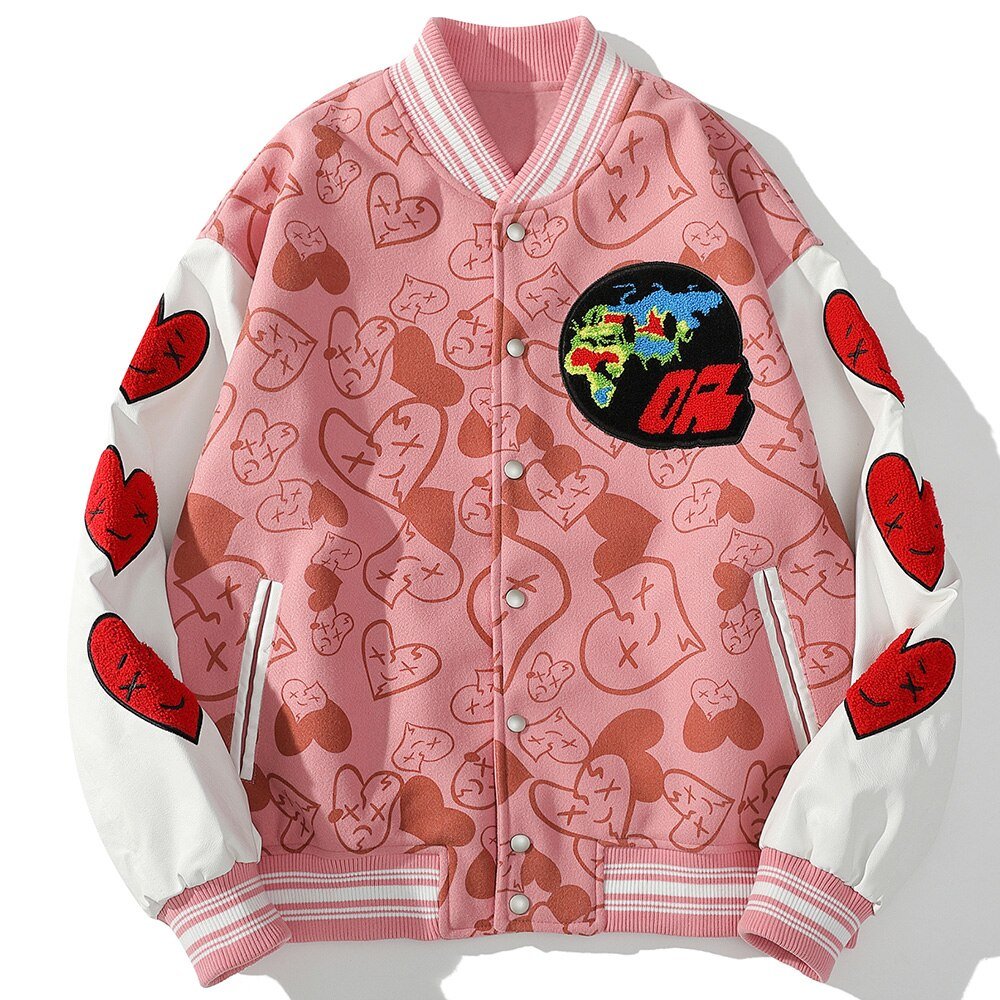Bomber Jackets Men Furry Heart-shaped Patch Leather Patchwork Baseball Coats Vintage Varsity Fashion Streetwear Couple